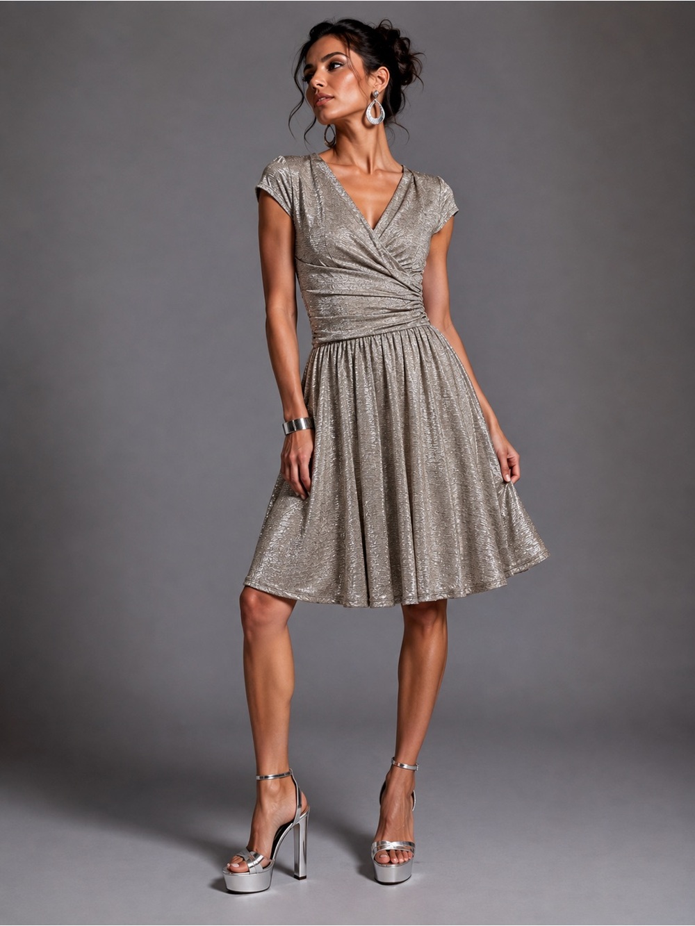 Maeve Anthropologie Sz M Tamera Metallic Silver Wrap Dress Ruched Cocktail